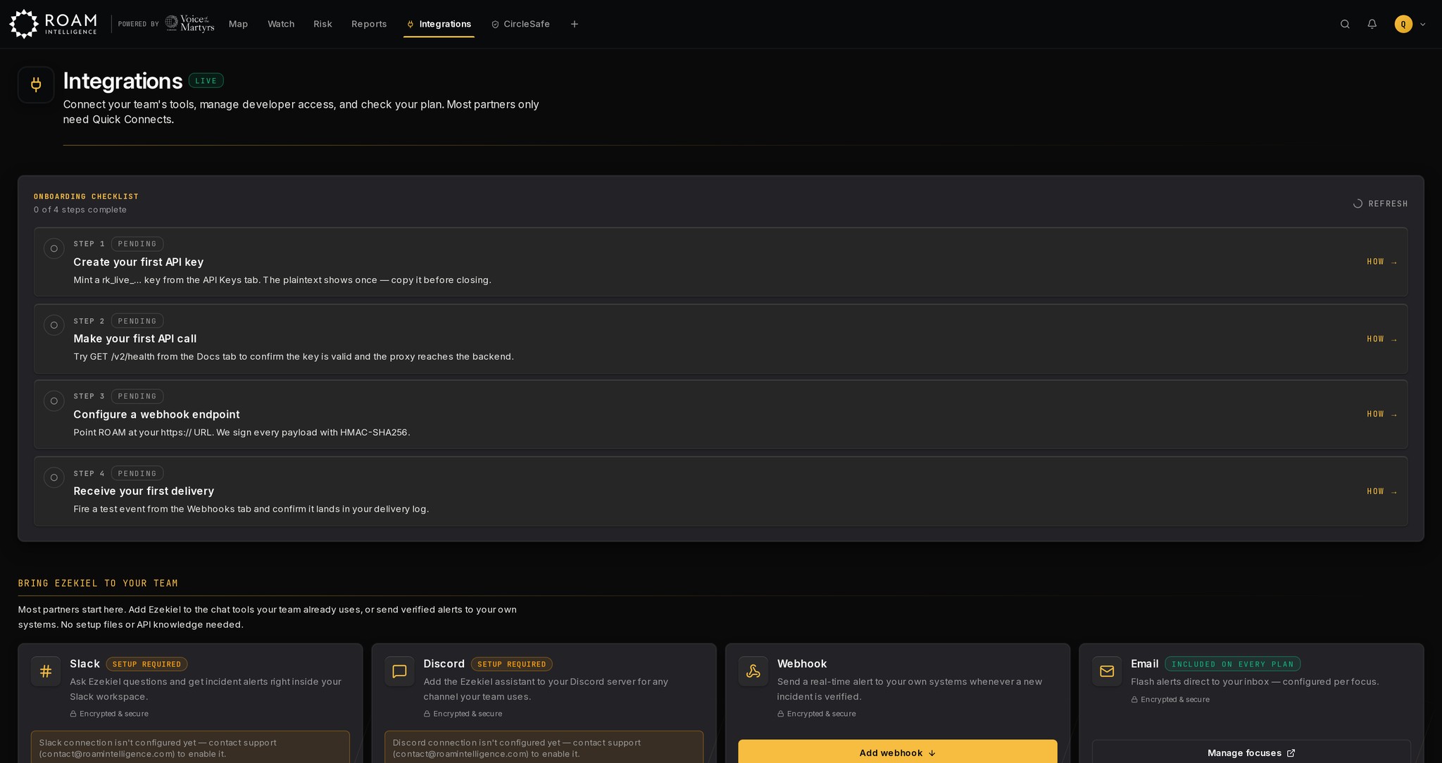 ROAM Integrations hub with API, webhook, and delivery onboarding checks
