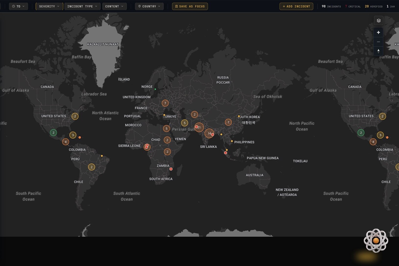 ROAM global incident map with geographic clusters and operating filters