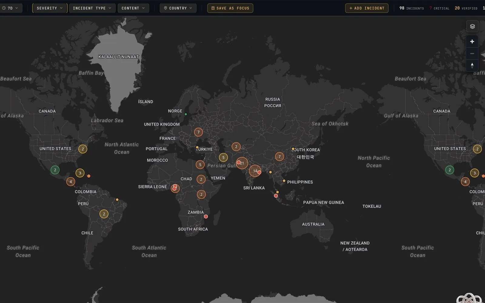 The ROAM live map with incident clusters and filters for severity, type and country